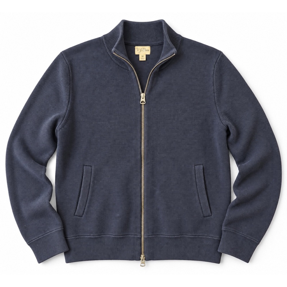 J.Crew Mens Navy Blue Full Zip Cotton Cardigan Sweater Mock Neck BJ031 Medium